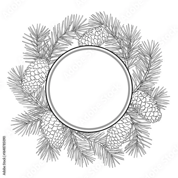 Fototapeta Fir Tree Branch with Cones and Needles Outline Round Frame. Vector isolated for design or decoration.