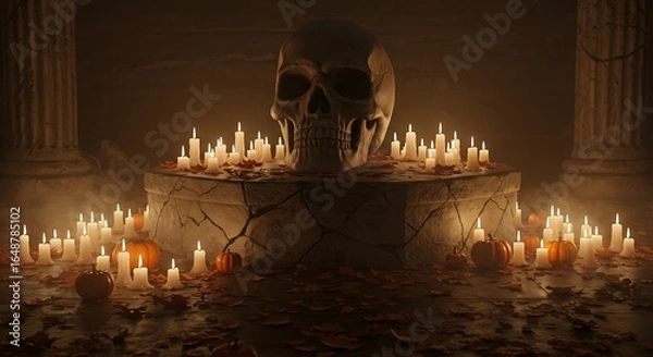 Fototapeta A skull sculpture placed on a cracked stone pedestal, surrounded by dozens of candles casting long shadows