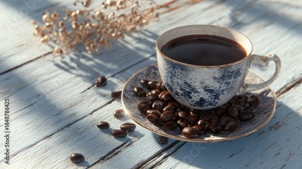 Fototapeta coffee beans and a cup of coffee in the morning sunlight