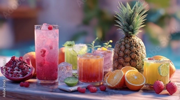 Obraz fresh drinks and fruit on the table