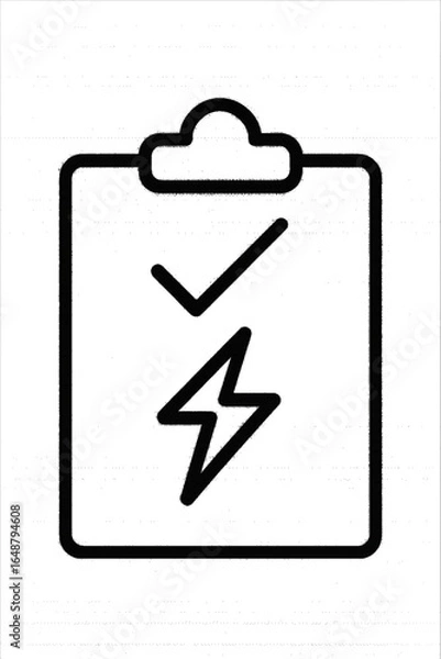 Fototapeta Black and White Line Drawing of Clipboard with Checkmark and Lightning Bolt – Electrical Task Checklist Vector Illustration