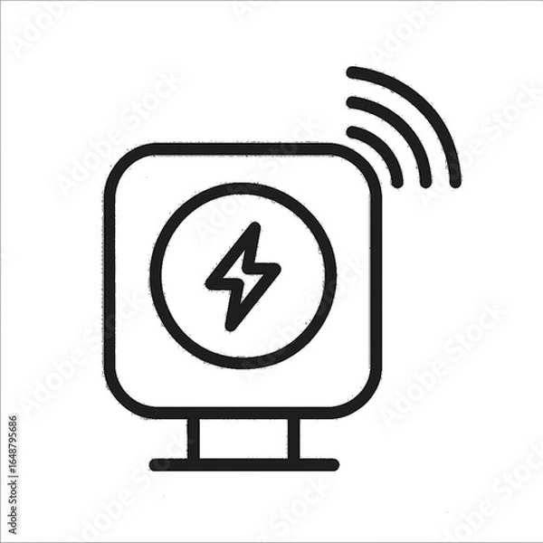 Fototapeta Black and White Line Drawing of Wireless Charging Device with Lightning Bolt – Wireless Power Vector Illustration
