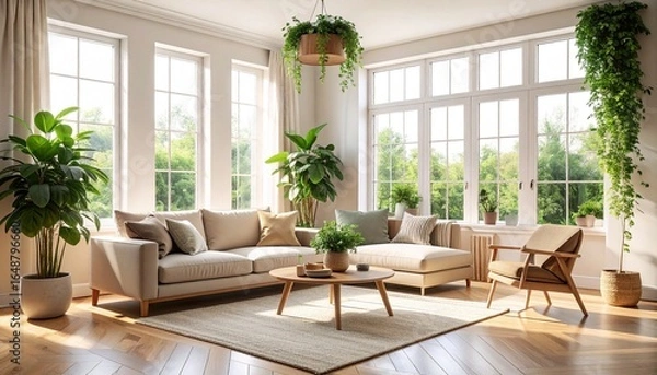 Fototapeta Serene sunlit living room with comfortable sofa and abundant green plants creating a peaceful, nature-inspired home interior