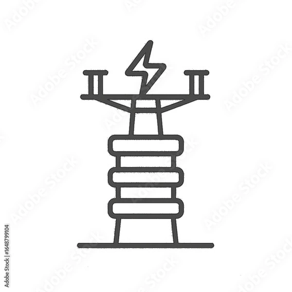 Fototapeta Black and White Line Drawing of Electrical Pylon with Lightning Bolt – Power Transformer Vector Illustration