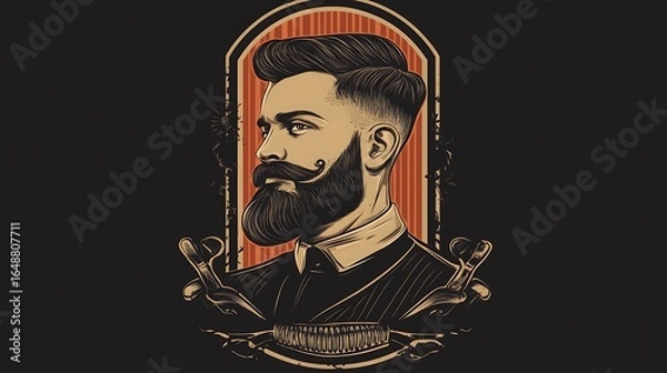 Fototapeta Vintage style illustration of a bearded man with mustache and barbering tools photo