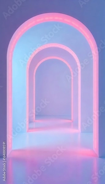 Fototapeta Subtle pastel pink and blue backdrop Geometric illuminated arches and spheres , abstract, interior