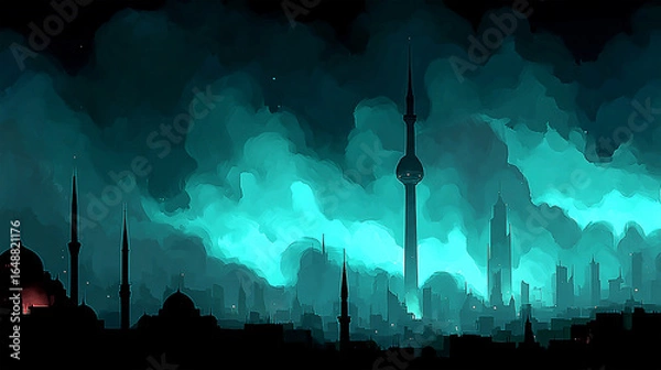 Fototapeta Abstract city skyline with towering spires and a glowing atmosphere at night