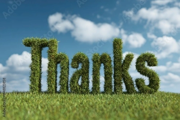 Fototapeta Thanks spelled in grass letters on a grassy hill under a blue cloudy sky