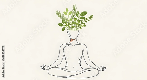 Fototapeta Minimalist line art illustration of a person meditating in a lotus pose, with vibrant green plants growing from their head, symbolizing natural well-being and growth.