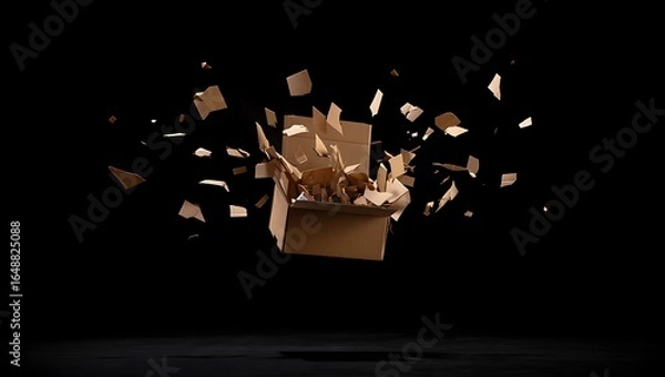 Fototapeta Exploding Cardboard Box Concept with Flying Pieces on Black Backdrop Revealing Packaging Mystery and Unexpected Delivery Solutions for Business