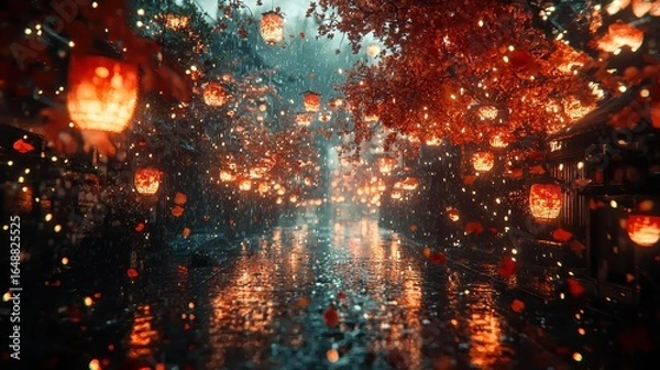 Fototapeta A vibrant tapestry of neon lights and anime-inspired art, depicting the bustling streets of Tokyo by night, where fantastical creatures and manga characters intertwine with the urban sprawl 