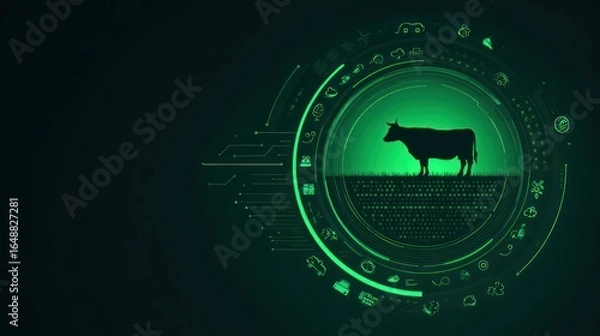 Fototapeta Silhouette of a cow within a circular tech interface on a dark green backdrop