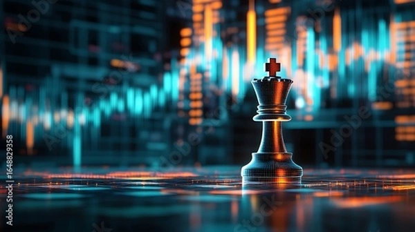 Fototapeta Chess king piece representing market strategy and financial growth with data visualization in a photo