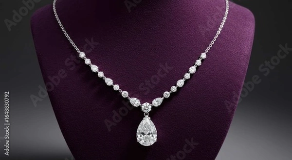 Obraz Diamond necklace with teardrop pendant displayed on a purple stand against dark background.