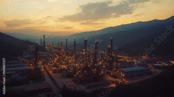 Fototapeta Illuminated petroleum refinery complex nestled against a backdrop of dusky mountains