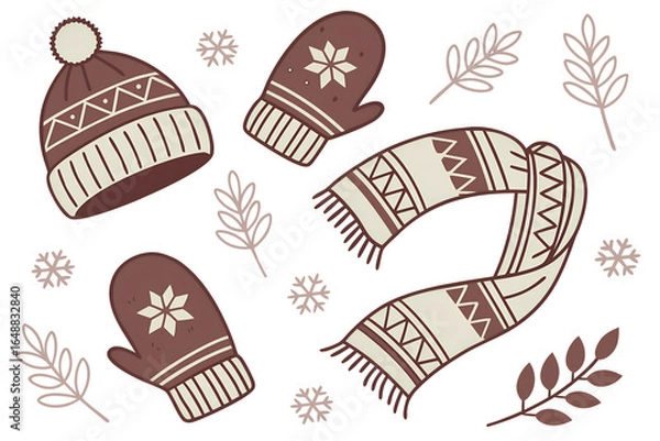 Obraz Cozy winter clothing set featuring a knitted hat mittens and a patterned scarf with snowflakes and leaves