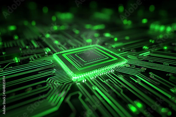 Fototapeta Close-up view of a glowing green microchip on a circuit board with intricate connections