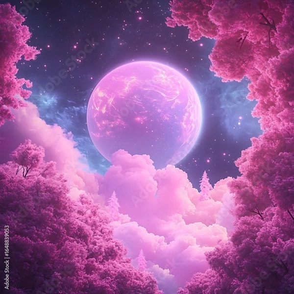 Fototapeta Dreamy fantasy photo of a pink planet framed by blossoming trees and vibrant clouds in a starlit night.
