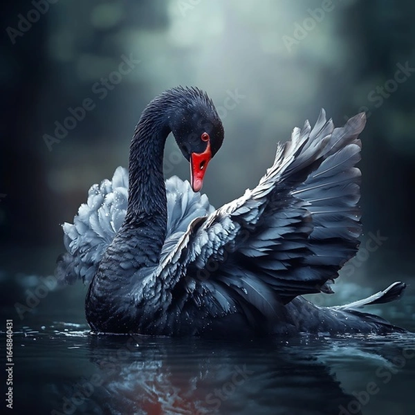 Fototapeta Elegant black swan with a red beak and dark feathers in a peaceful water photo