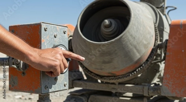 Obraz A cement mixer is shown outdoors with a hand pointing to it.