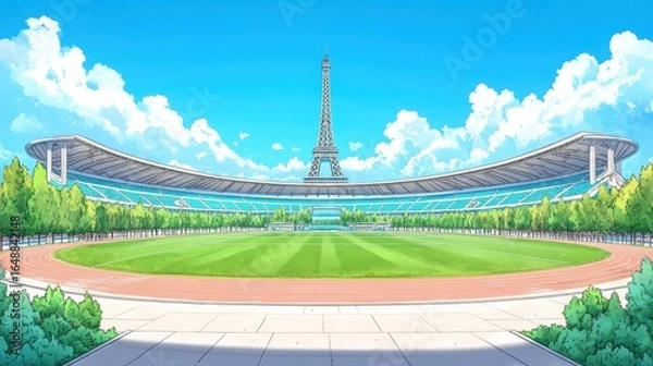 Obraz Paris stadium Eiffel athletics arena illustration. Landmark architecture, sports field, athletics arena. Urban destination, panoramic cityscape, modern structure, empty grandstand, digital design,