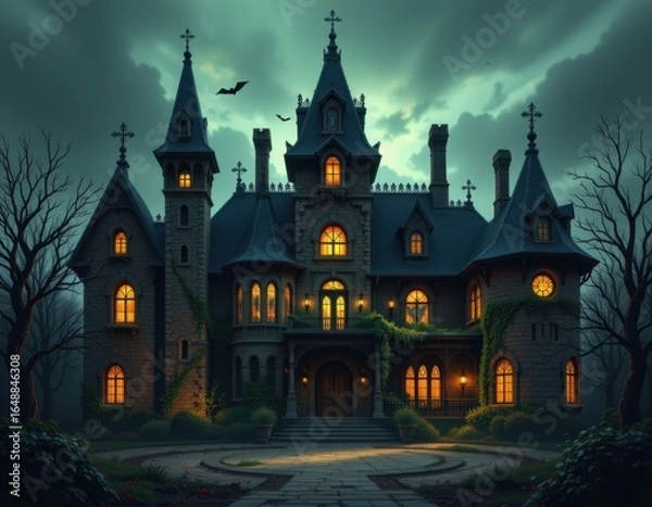 Fototapeta a haunted halloween mansion with towering spires steep roofs cracked walls broken windows dimly lit by eerie lights twisting chimneys overgrown vines and shadows stretching across the dark courtyard
