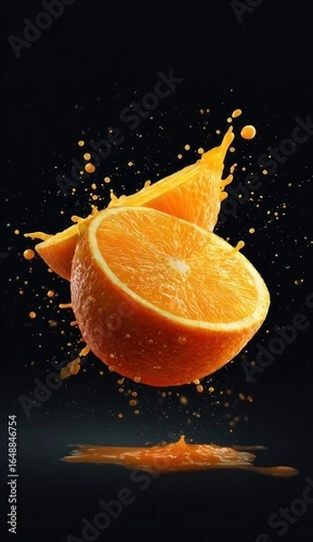 Fototapeta Half-cut oranges burst mid-air, vibrant juice sprays against the stark, dark backdrop