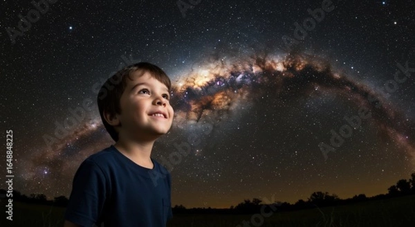 Fototapeta 星空見つめる少年の笑顔 幻想的夜空 天の川輝く. AI Generated