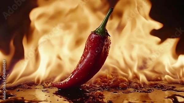 Fototapeta Fiery red chili pepper against a dramatic backdrop of flames showing intense heat in a photo