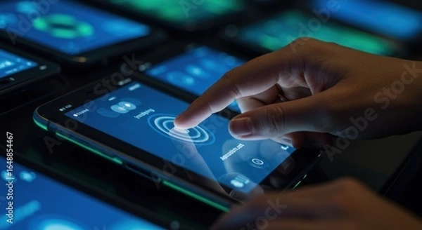 Fototapeta Hand touching screen of smartphone surrounded by other smartphones with similar displays.