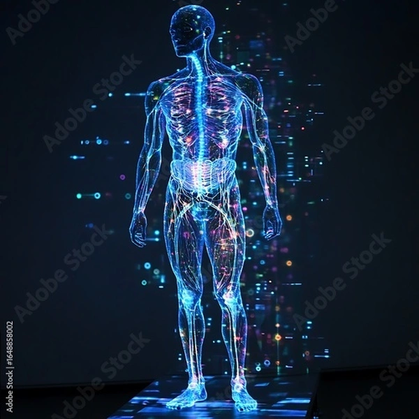Fototapeta Holographic representation of the human body with illuminated nervous system a detailed photo