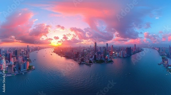 Obraz A breathtaking 360-degree panorama of Cyberpunk Night City, rendered in stunning HDRI equirectangular projection 