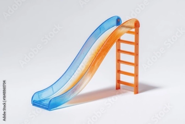 Obraz Miniature plastic slide, orange and blue, on a white background.  A small,  child's slide, with a gradient of orange and blue, angled and leaning,  is set against a bright white backdrop.