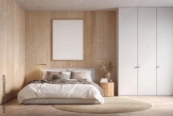 Fototapeta Modern bedroom with light wood accents and a large blank canvas