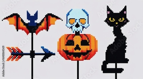 Fototapeta Pixelated Halloween decorations featuring a bat jack o' lantern with skull and black cat on sticks