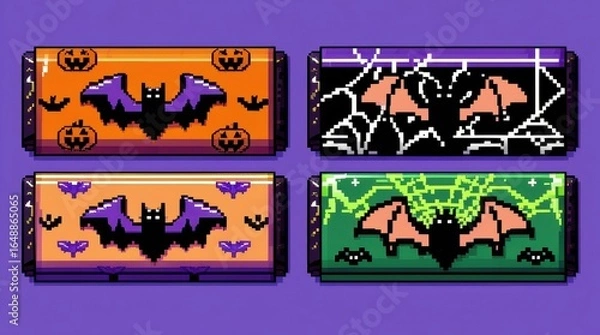 Fototapeta Four pixel art candy bars with Halloween themes featuring bats and pumpkins