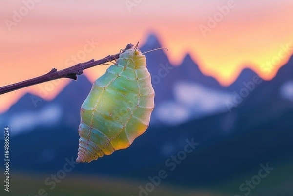 Obraz A chrysalis hangs from a branch at sunset, mountains blurred in the background, symbolizing transformation and new beginnings.