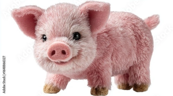 Fototapeta Cute pink stuffed pig toy sitting on a white background with a cheerful expression