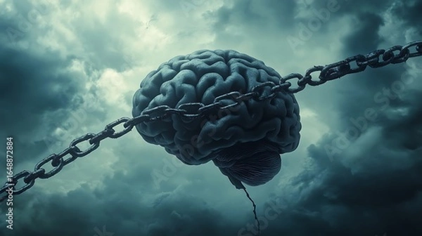 Fototapeta Symbolic photo depicting the human brain enclosed in metal chains against a cloudy dark sky