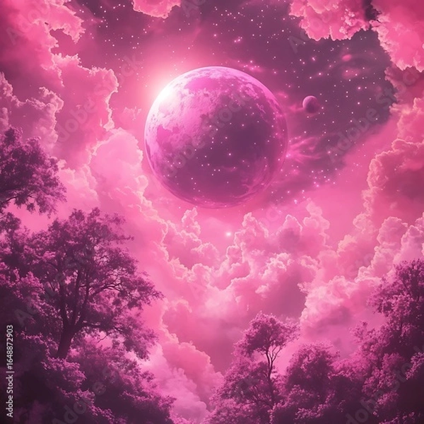 Fototapeta Surreal pink fantasy landscape of celestial bodies with cloudy atmosphere and trees photo