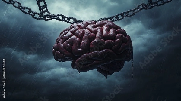 Fototapeta Symbolic photo of a brain shackled by chains under a dark and stormy sky