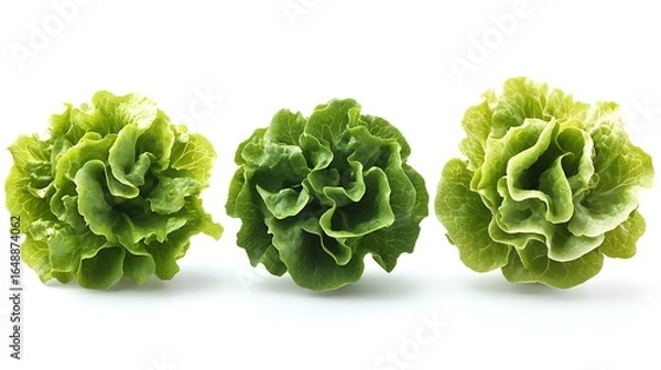 Fototapeta Three freshly grown and vibrant green butterhead lettuce heads isolated on a white background photo