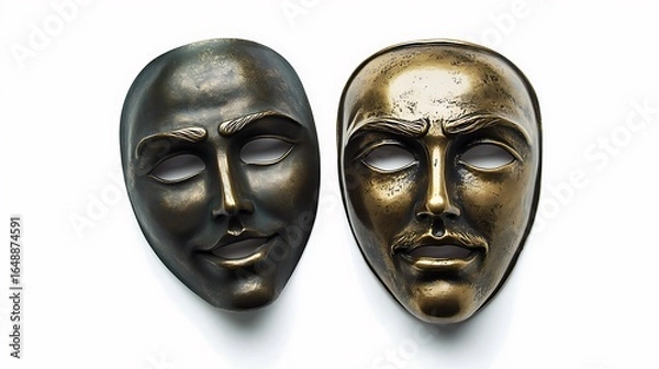Fototapeta Two antique bronze masks depicting different emotions isolated on a white background photo