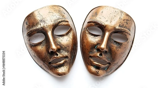 Fototapeta Two detailed antique bronze masks on a white background photo representing drama and performance