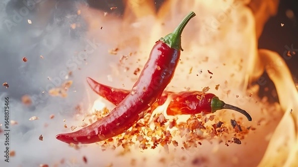 Fototapeta Two fiery red chili peppers with flame and smoke highlighting heat and spice photo
