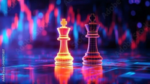 Fototapeta Two illuminated chess king figures on a neon grid with blurred chart elements photo