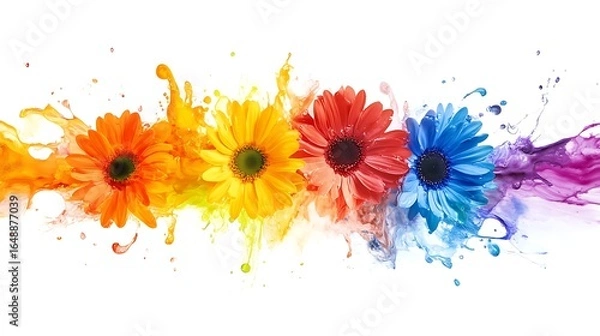 Fototapeta Vibrant array of colorful gerber daisies displayed with dynamic paint splashes on white background