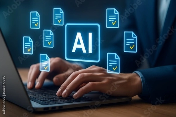Fototapeta Artificial intelligence processing documents and data with checkmarks, signifying successful task completion