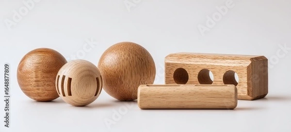 Obraz Three wooden spheres and a rectangular block with holes