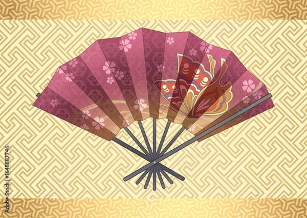 Fototapeta 日本の伝統文様　蝶　扇子　金　紫　亀甲花菱　桜